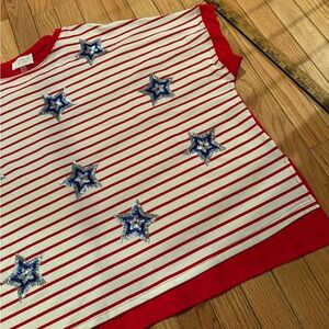 Oversized Baggy Fantastic Fawn Red White Striped Tee Blue Stars Patriotic July 4